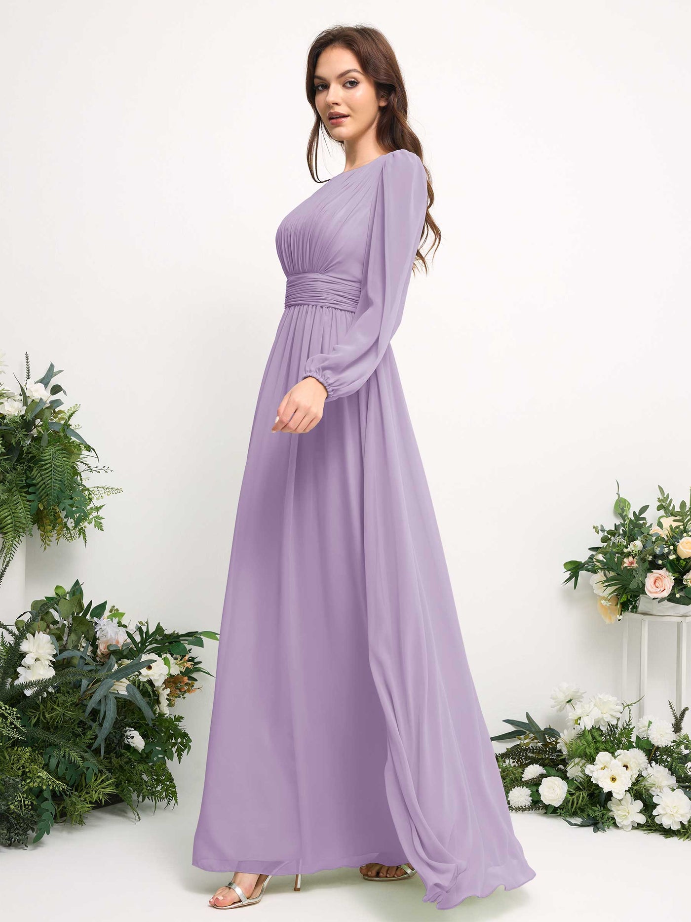 Boat Neck Long Sleeve Chiffon Maxi Dress | Elegant A-Line Bridesmaid & Wedding Guest Dress #color_lilac