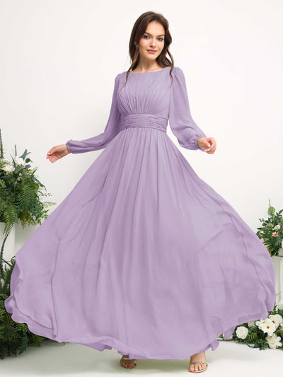 Boat Neck Long Sleeve Chiffon Maxi Dress | Elegant A-Line Bridesmaid & Wedding Guest Dress #color_lilac