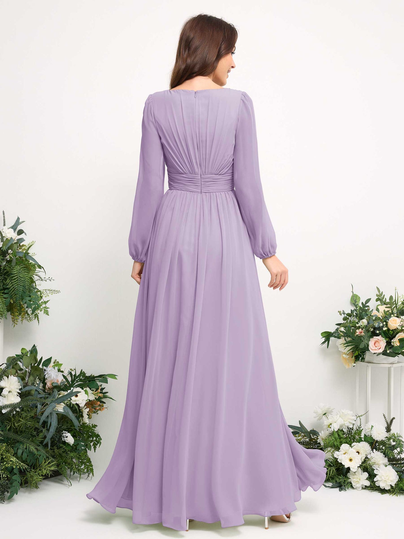Boat Neck Long Sleeve Chiffon Maxi Dress | Elegant A-Line Bridesmaid & Wedding Guest Dress #color_lilac