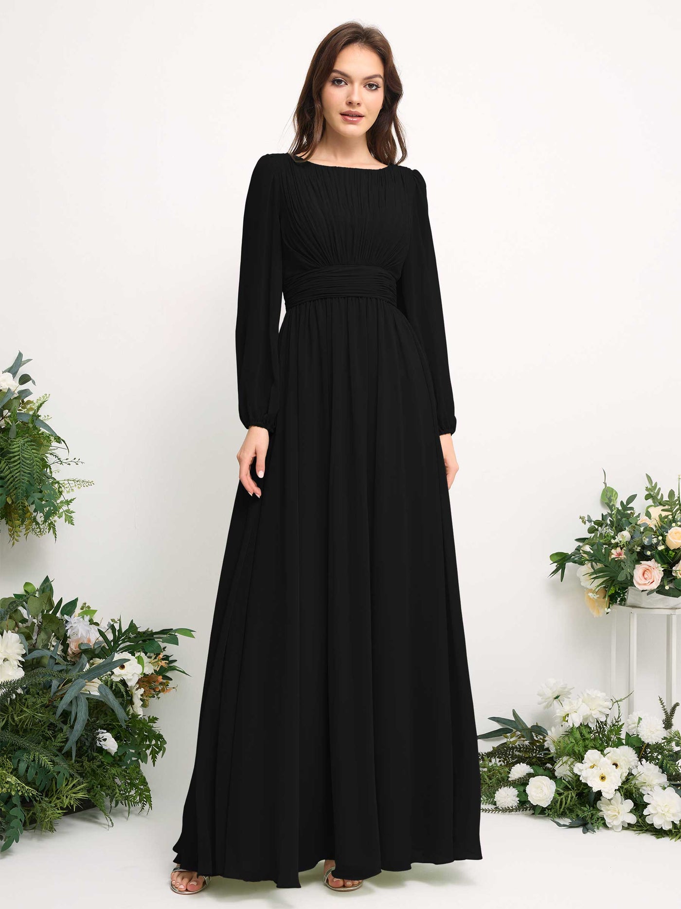 Boat Neck Long Sleeve Chiffon Maxi Dress | Elegant A-Line Bridesmaid & Wedding Guest Dress #color_black