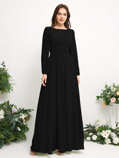 Boat Neck Long Sleeve Chiffon Maxi Dress | Elegant A-Line Bridesmaid & Wedding Guest Dress #color_black