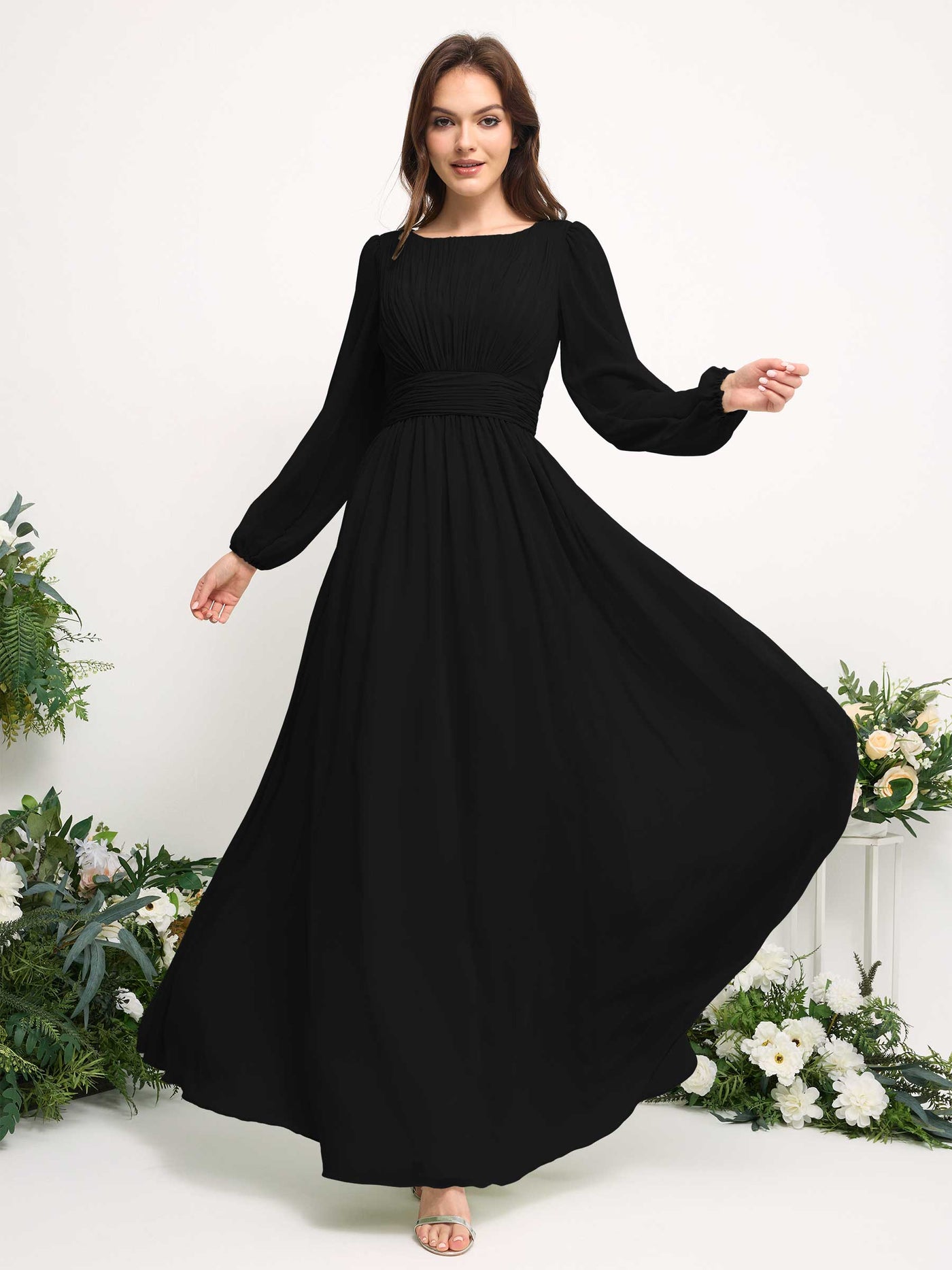 Boat Neck Long Sleeve Chiffon Maxi Dress | Elegant A-Line Bridesmaid & Wedding Guest Dress #color_black