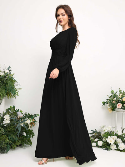 Boat Neck Long Sleeve Chiffon Maxi Dress | Elegant A-Line Bridesmaid & Wedding Guest Dress #color_black