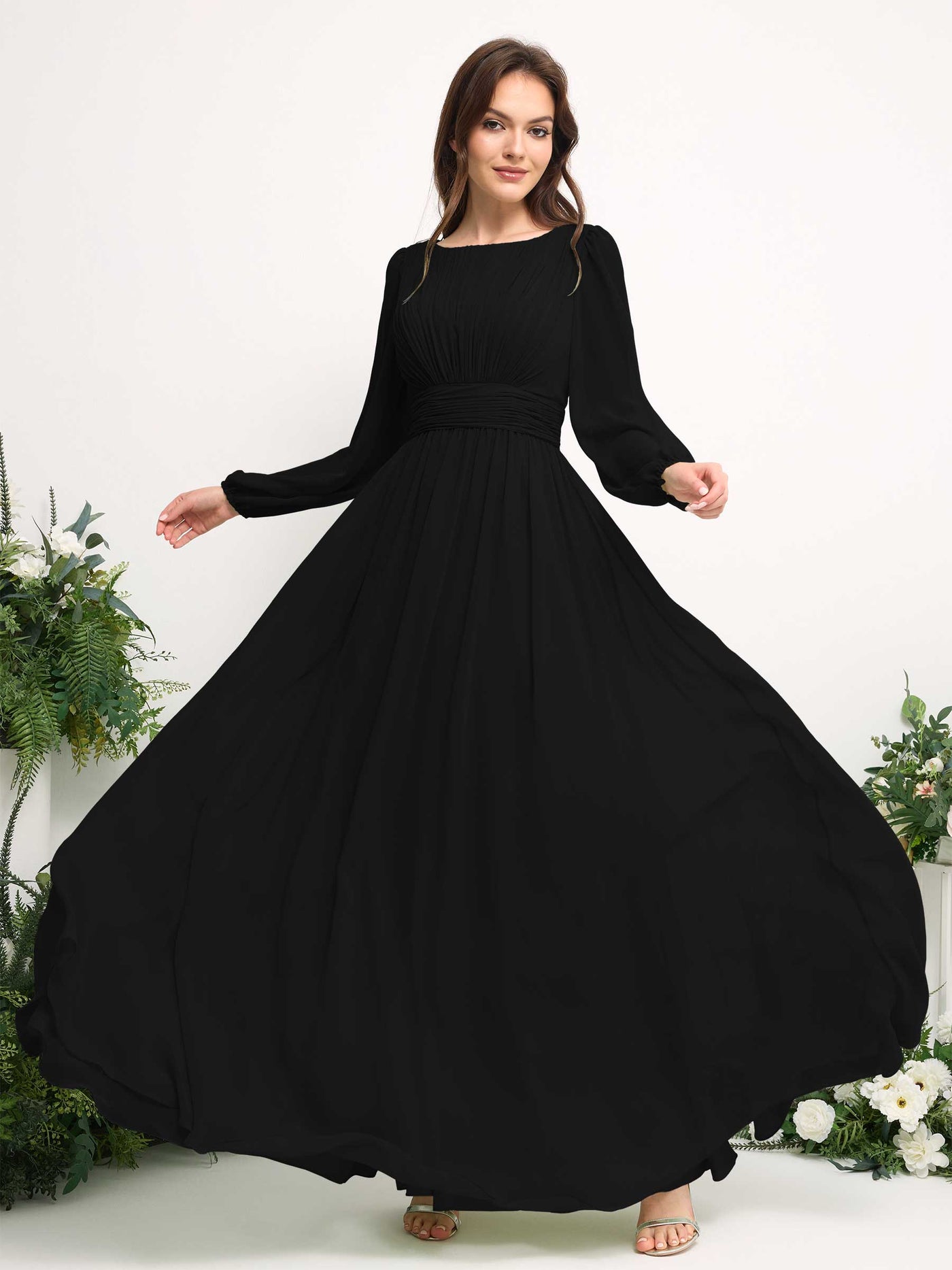 Boat Neck Long Sleeve Chiffon Maxi Dress | Elegant A-Line Bridesmaid & Wedding Guest Dress #color_black