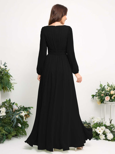 Boat Neck Long Sleeve Chiffon Maxi Dress | Elegant A-Line Bridesmaid & Wedding Guest Dress #color_black