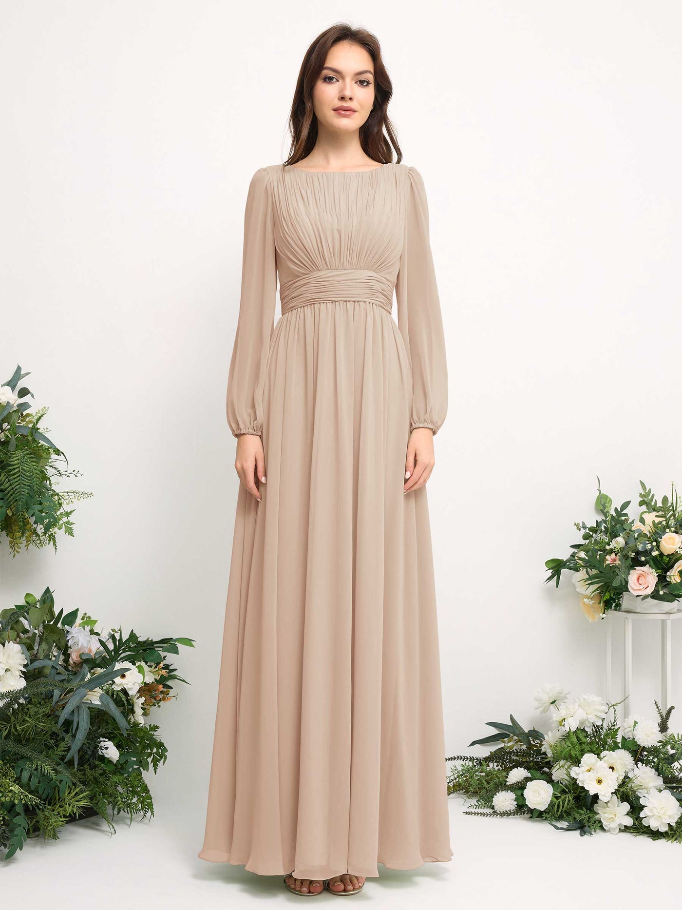 Boat Neck Long Sleeve Chiffon Maxi Dress | Elegant A-Line Bridesmaid & Wedding Guest Dress #color_champagne