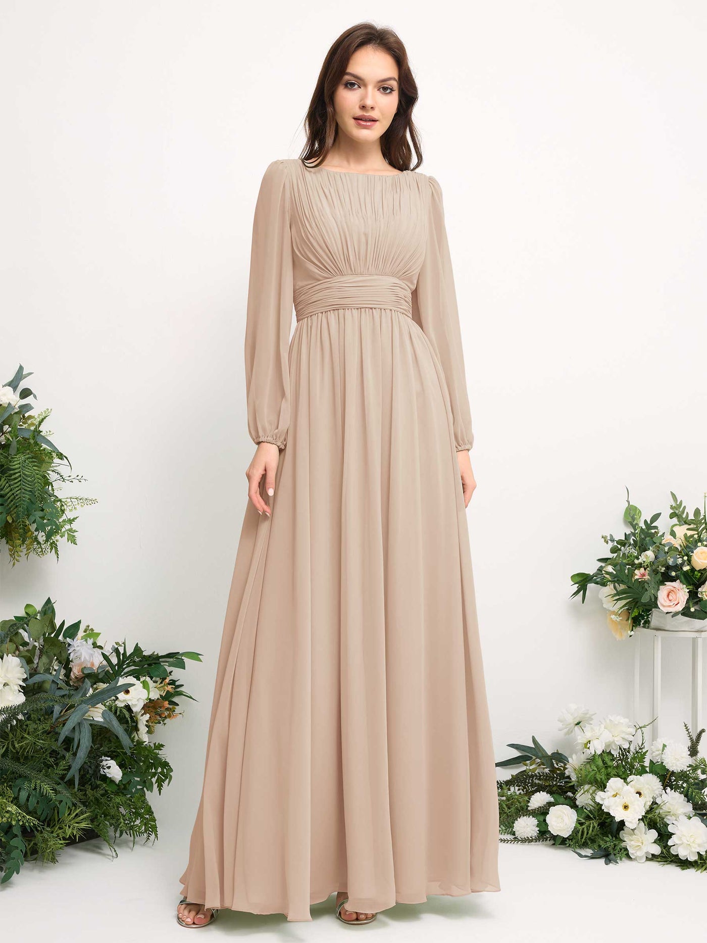 Boat Neck Long Sleeve Chiffon Maxi Dress | Elegant A-Line Bridesmaid & Wedding Guest Dress #color_champagne