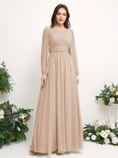 Boat Neck Long Sleeve Chiffon Maxi Dress | Elegant A-Line Bridesmaid & Wedding Guest Dress #color_champagne