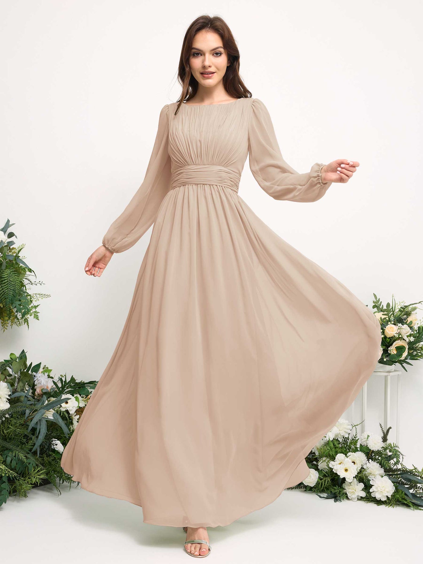 Boat Neck Long Sleeve Chiffon Maxi Dress | Elegant A-Line Bridesmaid & Wedding Guest Dress #color_champagne