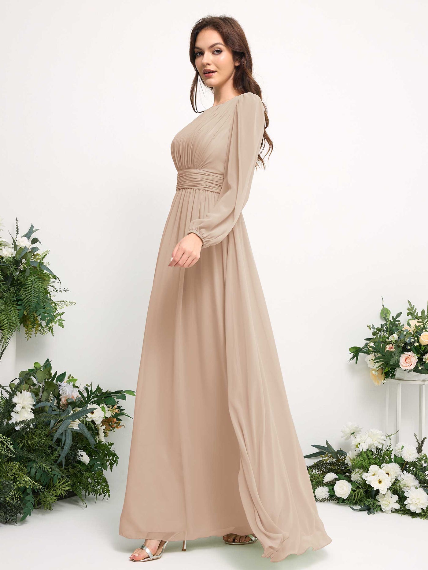 Boat Neck Long Sleeve Chiffon Maxi Dress | Elegant A-Line Bridesmaid & Wedding Guest Dress #color_champagne