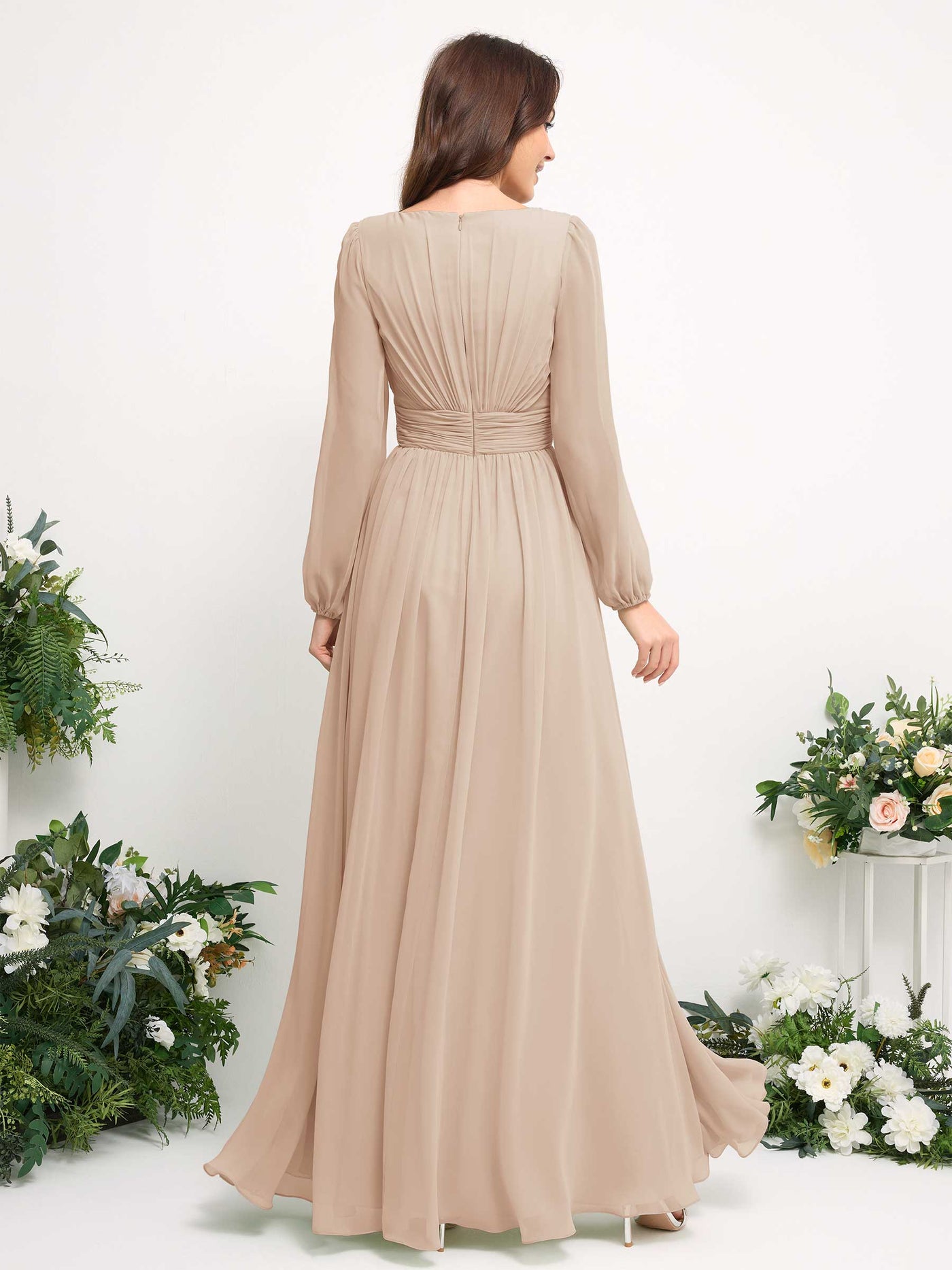 Boat Neck Long Sleeve Chiffon Maxi Dress | Elegant A-Line Bridesmaid & Wedding Guest Dress #color_champagne