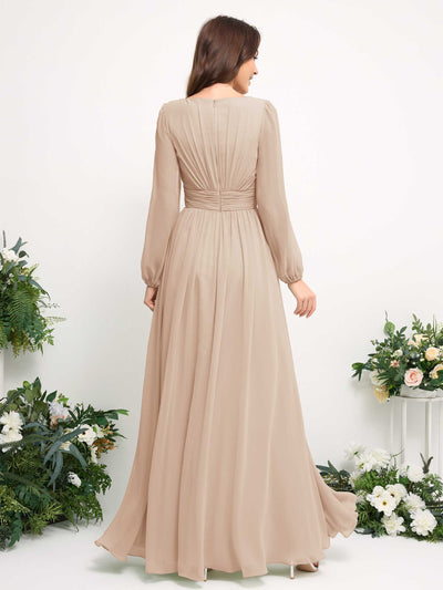 Boat Neck Long Sleeve Chiffon Maxi Dress | Elegant A-Line Bridesmaid & Wedding Guest Dress #color_champagne