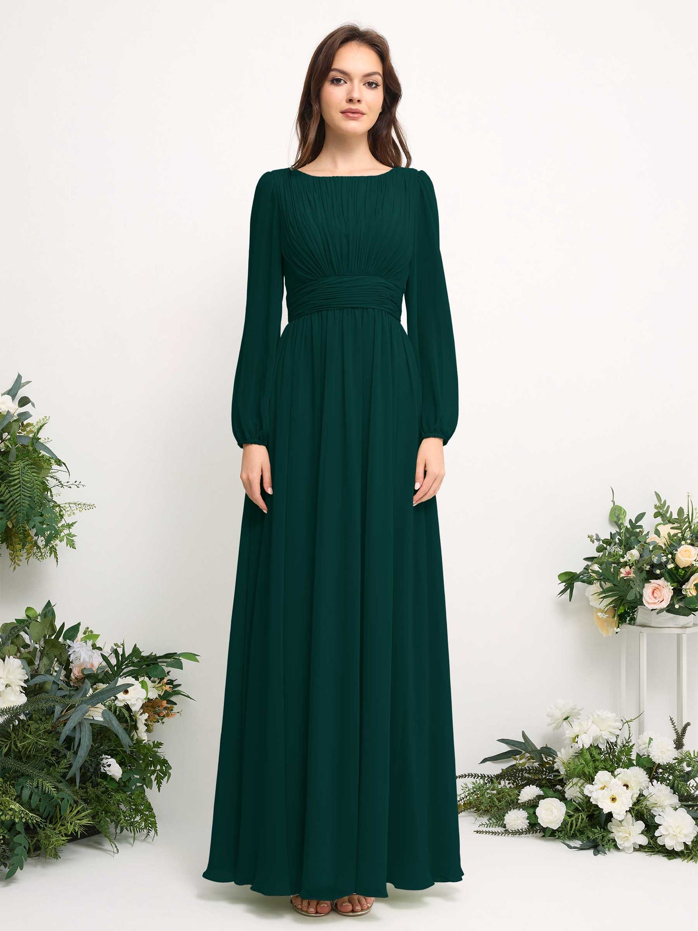 Boat Neck Long Sleeve Chiffon Maxi Dress | Elegant A-Line Bridesmaid & Wedding Guest Dress #color_dark-emerald