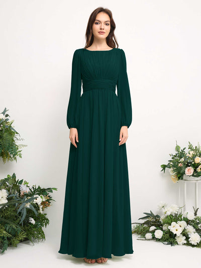 Boat Neck Long Sleeve Chiffon Maxi Dress | Elegant A-Line Bridesmaid & Wedding Guest Dress #color_dark-emerald