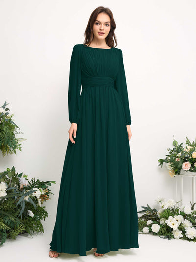 Boat Neck Long Sleeve Chiffon Maxi Dress | Elegant A-Line Bridesmaid & Wedding Guest Dress #color_dark-emerald