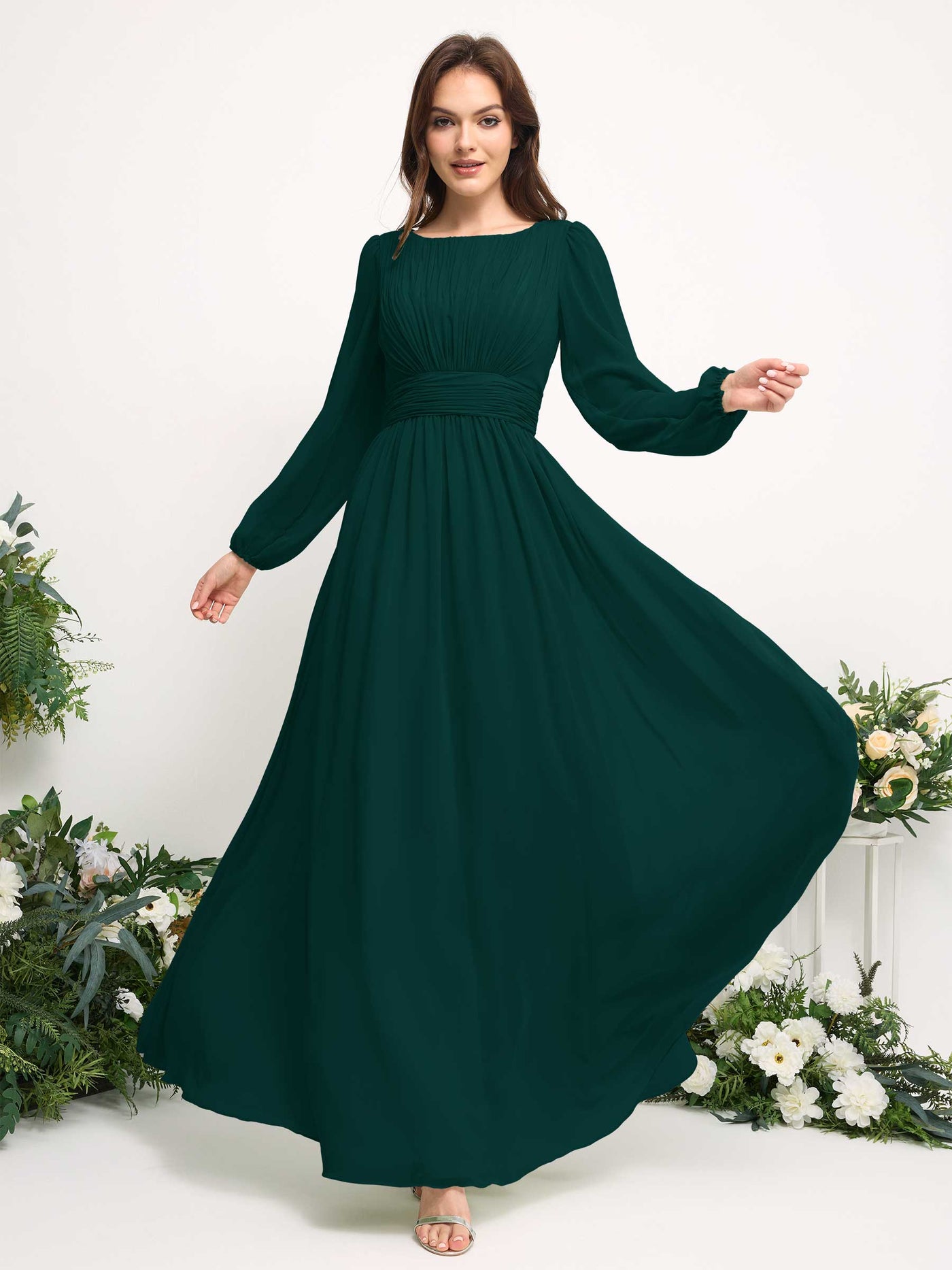 Boat Neck Long Sleeve Chiffon Maxi Dress | Elegant A-Line Bridesmaid & Wedding Guest Dress #color_dark-emerald
