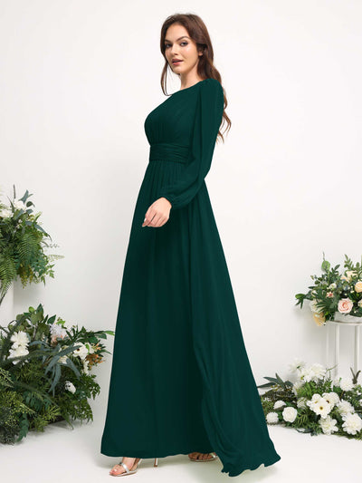 Boat Neck Long Sleeve Chiffon Maxi Dress | Elegant A-Line Bridesmaid & Wedding Guest Dress #color_dark-emerald