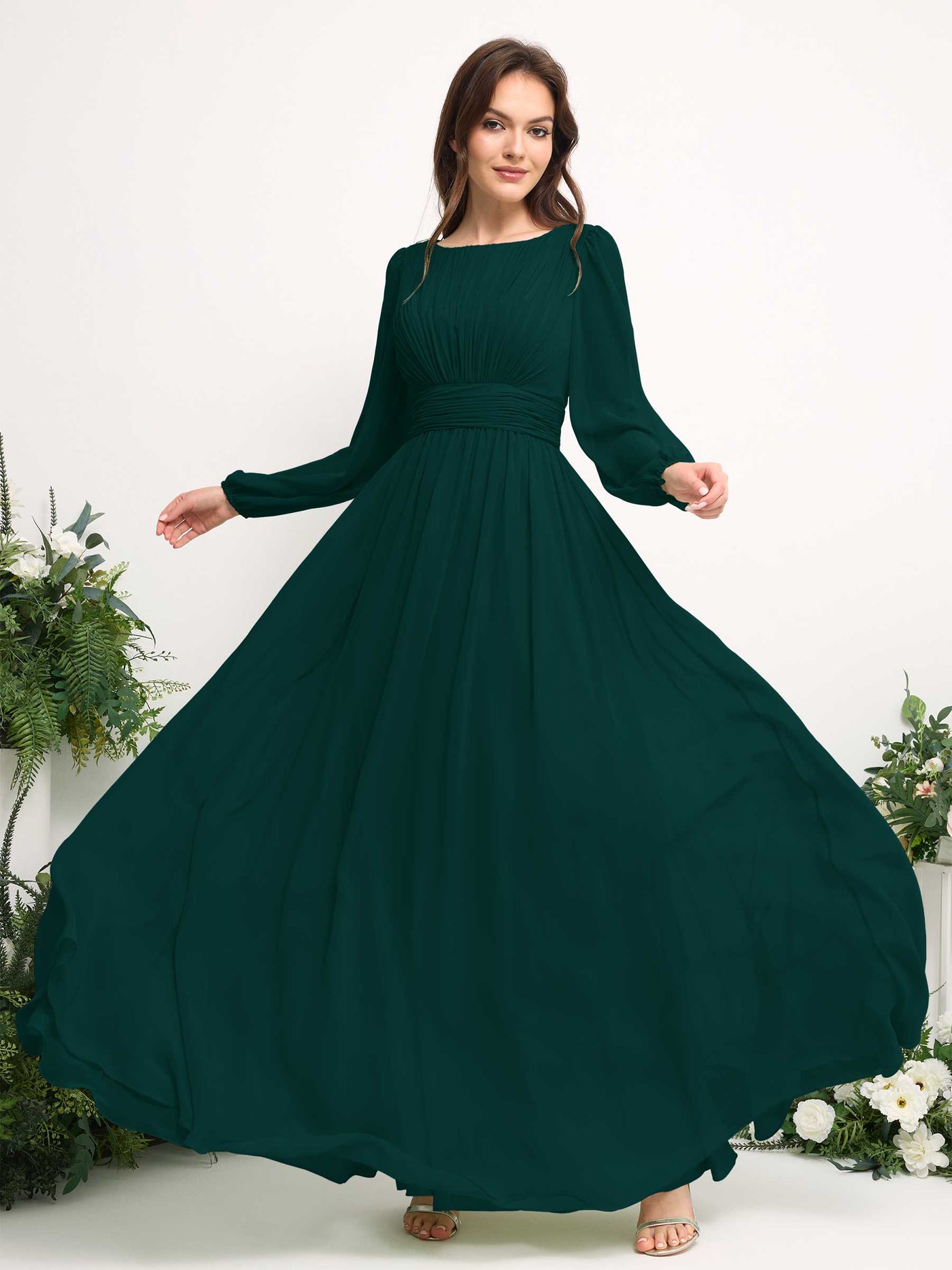 Boat Neck Long Sleeve Chiffon Maxi Dress | Elegant A-Line Bridesmaid & Wedding Guest Dress #color_dark-emerald
