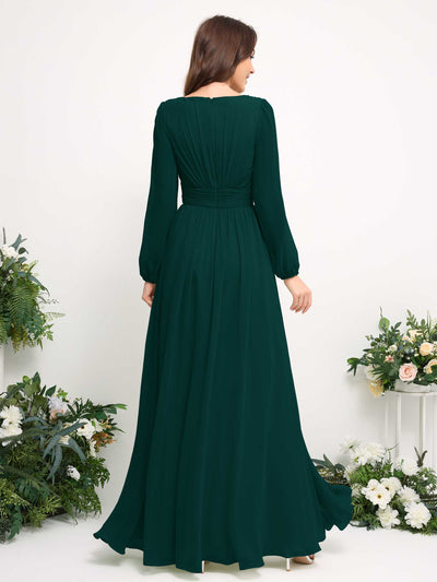 Boat Neck Long Sleeve Chiffon Maxi Dress | Elegant A-Line Bridesmaid & Wedding Guest Dress #color_dark-emerald