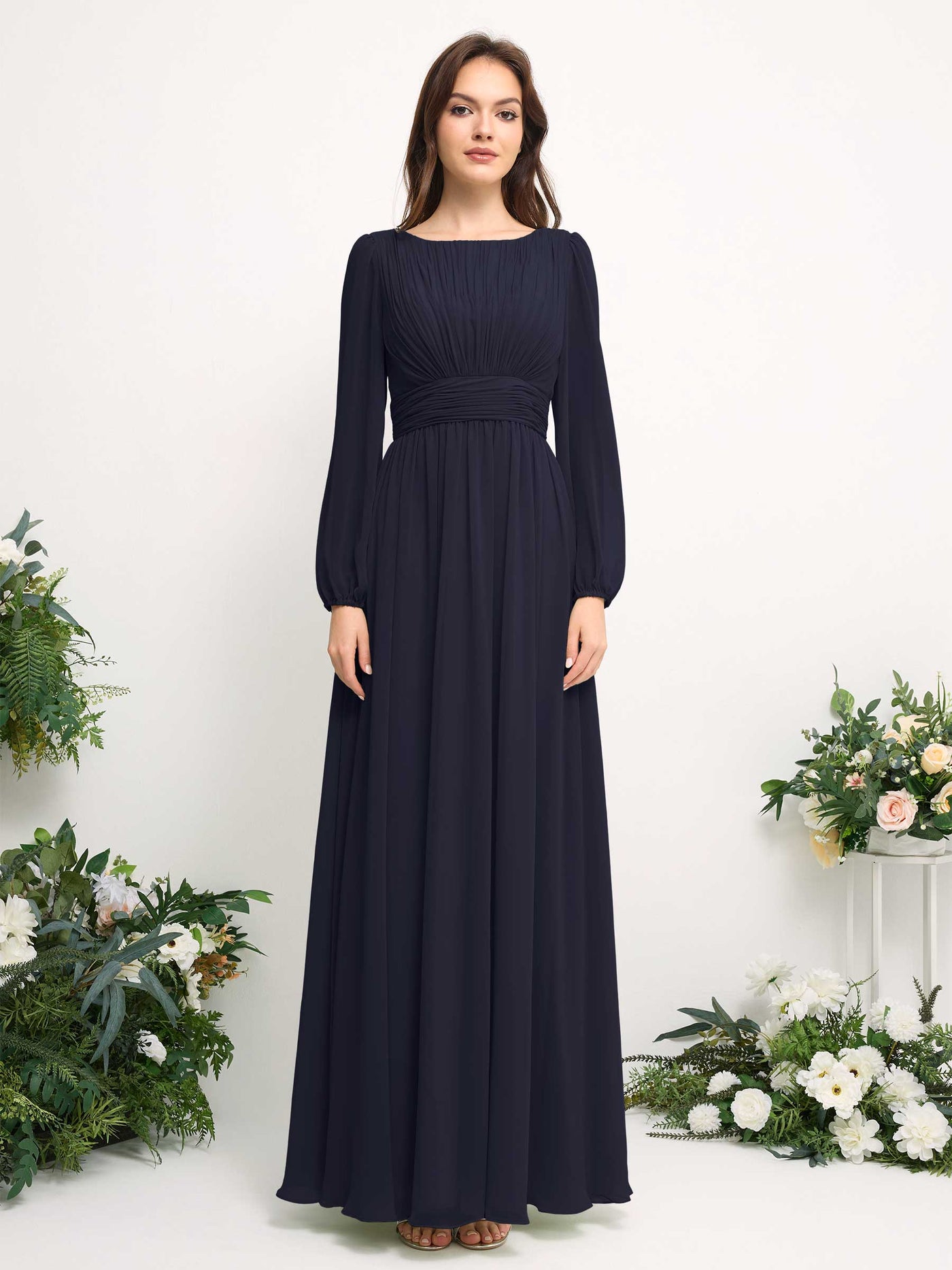 Boat Neck Long Sleeve Chiffon Maxi Dress | Elegant A-Line Bridesmaid & Wedding Guest Dress #color_dark-navy