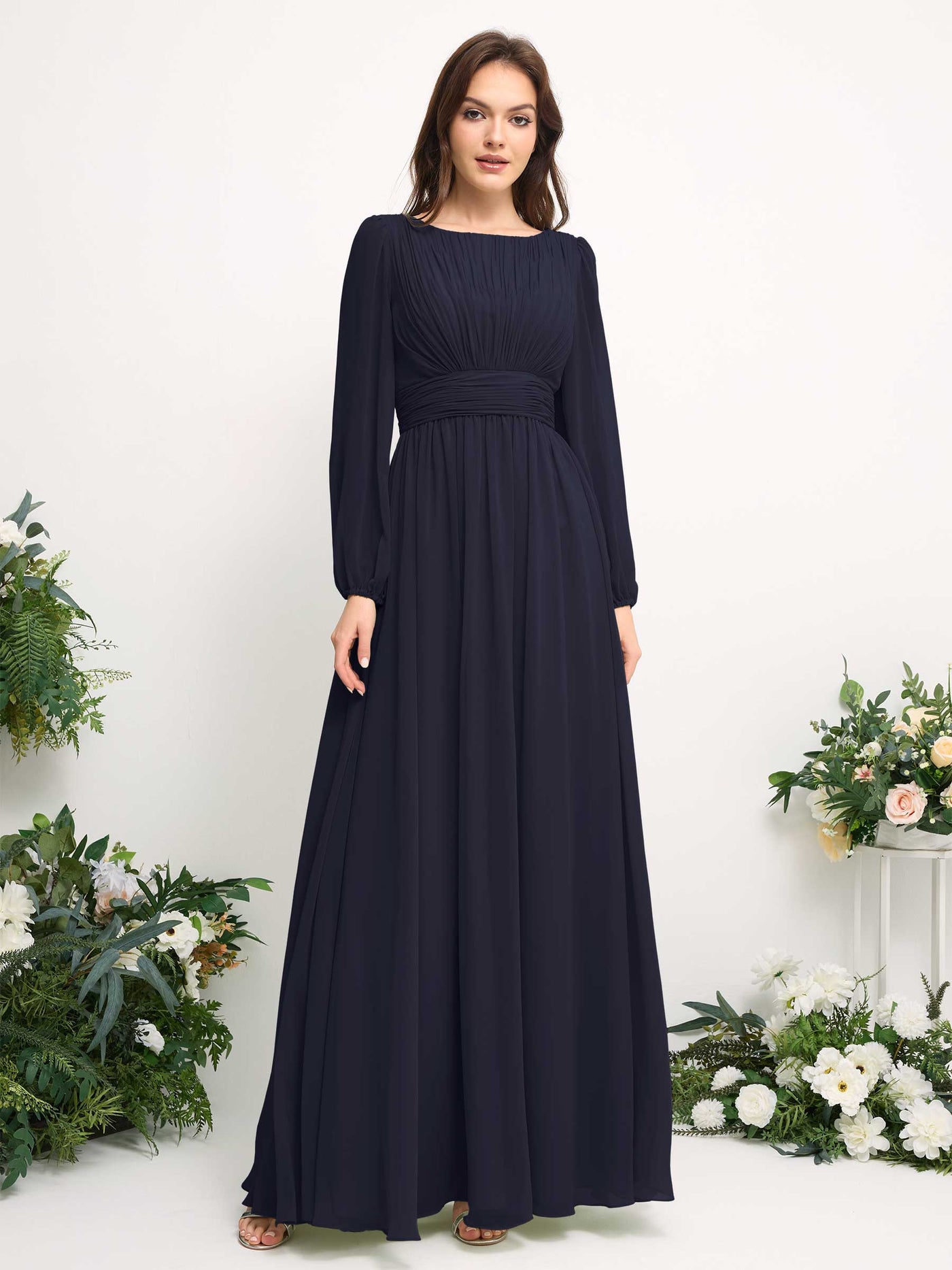 Boat Neck Long Sleeve Chiffon Maxi Dress | Elegant A-Line Bridesmaid & Wedding Guest Dress #color_dark-navy