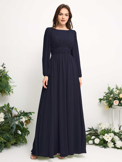 Boat Neck Long Sleeve Chiffon Maxi Dress | Elegant A-Line Bridesmaid & Wedding Guest Dress #color_dark-navy