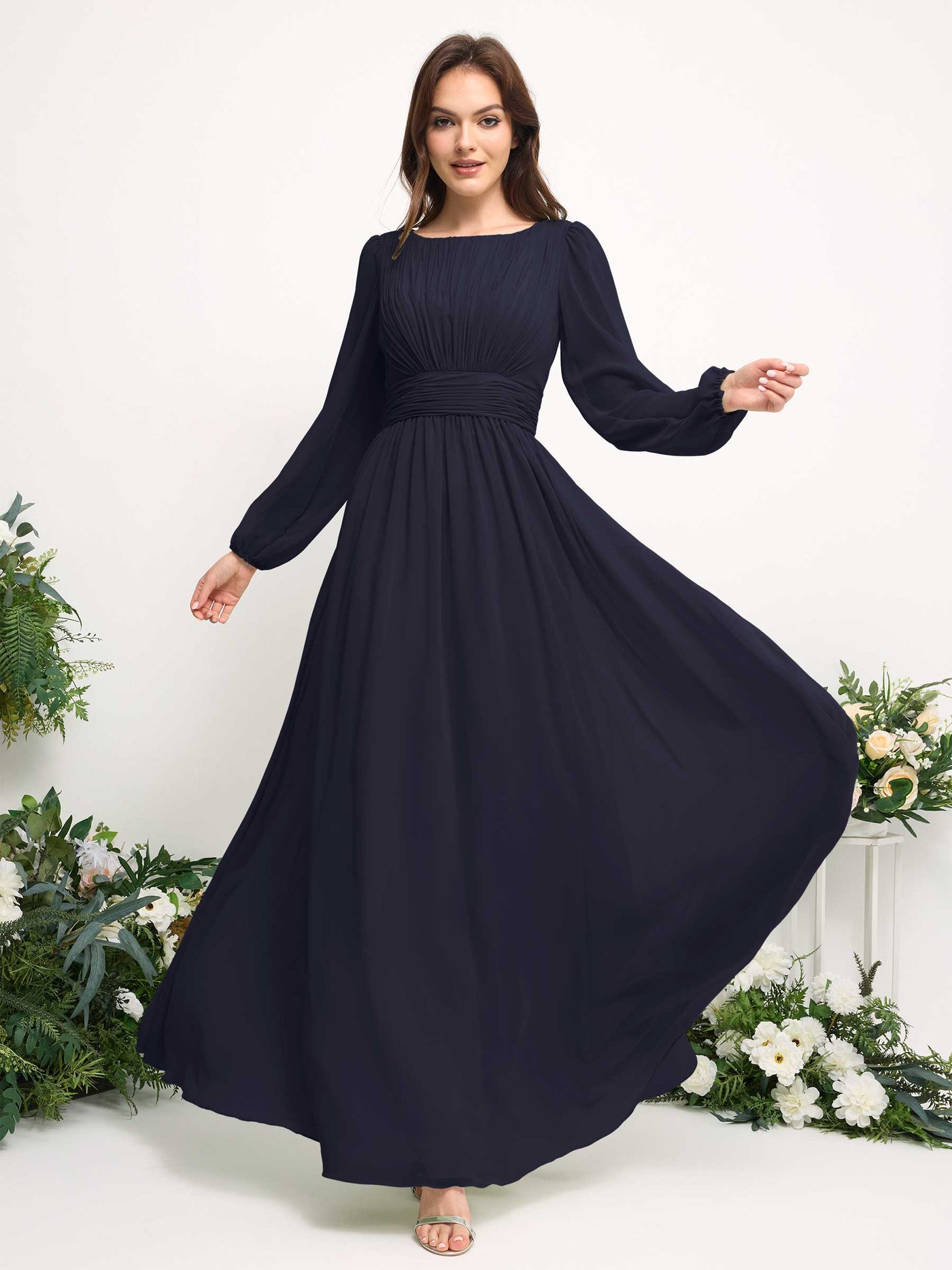 Boat Neck Long Sleeve Chiffon Maxi Dress | Elegant A-Line Bridesmaid & Wedding Guest Dress #color_dark-navy