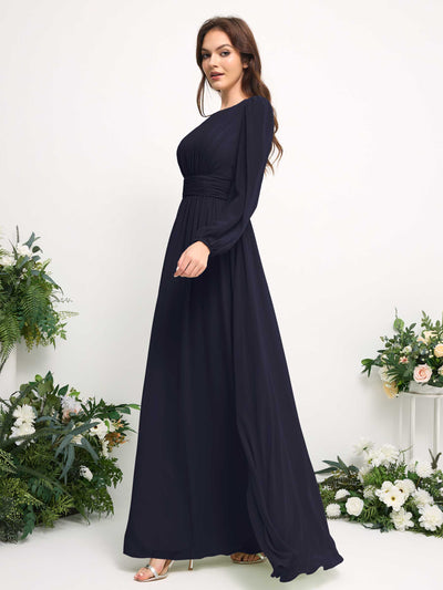 Boat Neck Long Sleeve Chiffon Maxi Dress | Elegant A-Line Bridesmaid & Wedding Guest Dress #color_dark-navy
