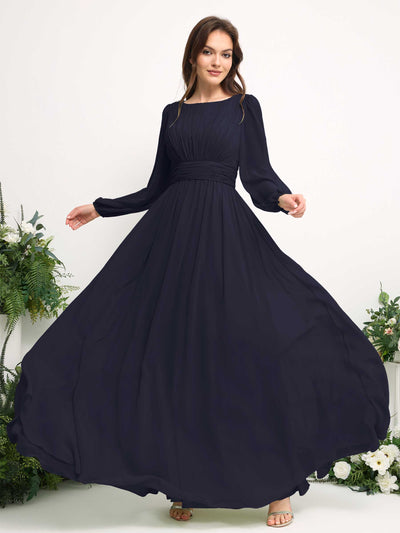 Boat Neck Long Sleeve Chiffon Maxi Dress | Elegant A-Line Bridesmaid & Wedding Guest Dress #color_dark-navy