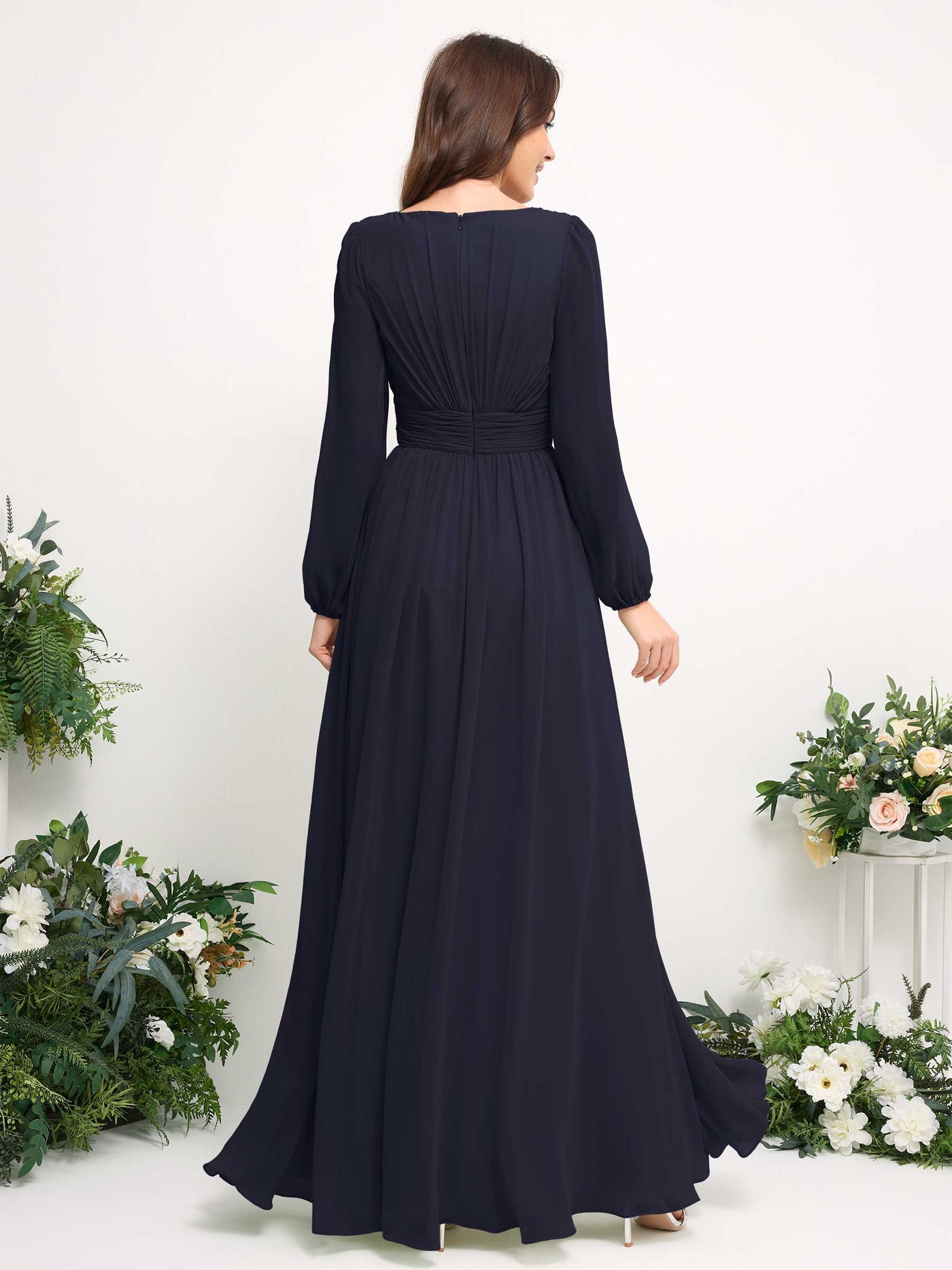 Boat Neck Long Sleeve Chiffon Maxi Dress | Elegant A-Line Bridesmaid & Wedding Guest Dress #color_dark-navy