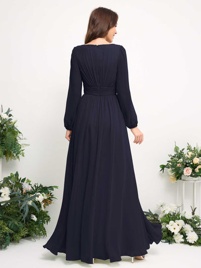 Boat Neck Long Sleeve Chiffon Maxi Dress | Elegant A-Line Bridesmaid & Wedding Guest Dress #color_dark-navy