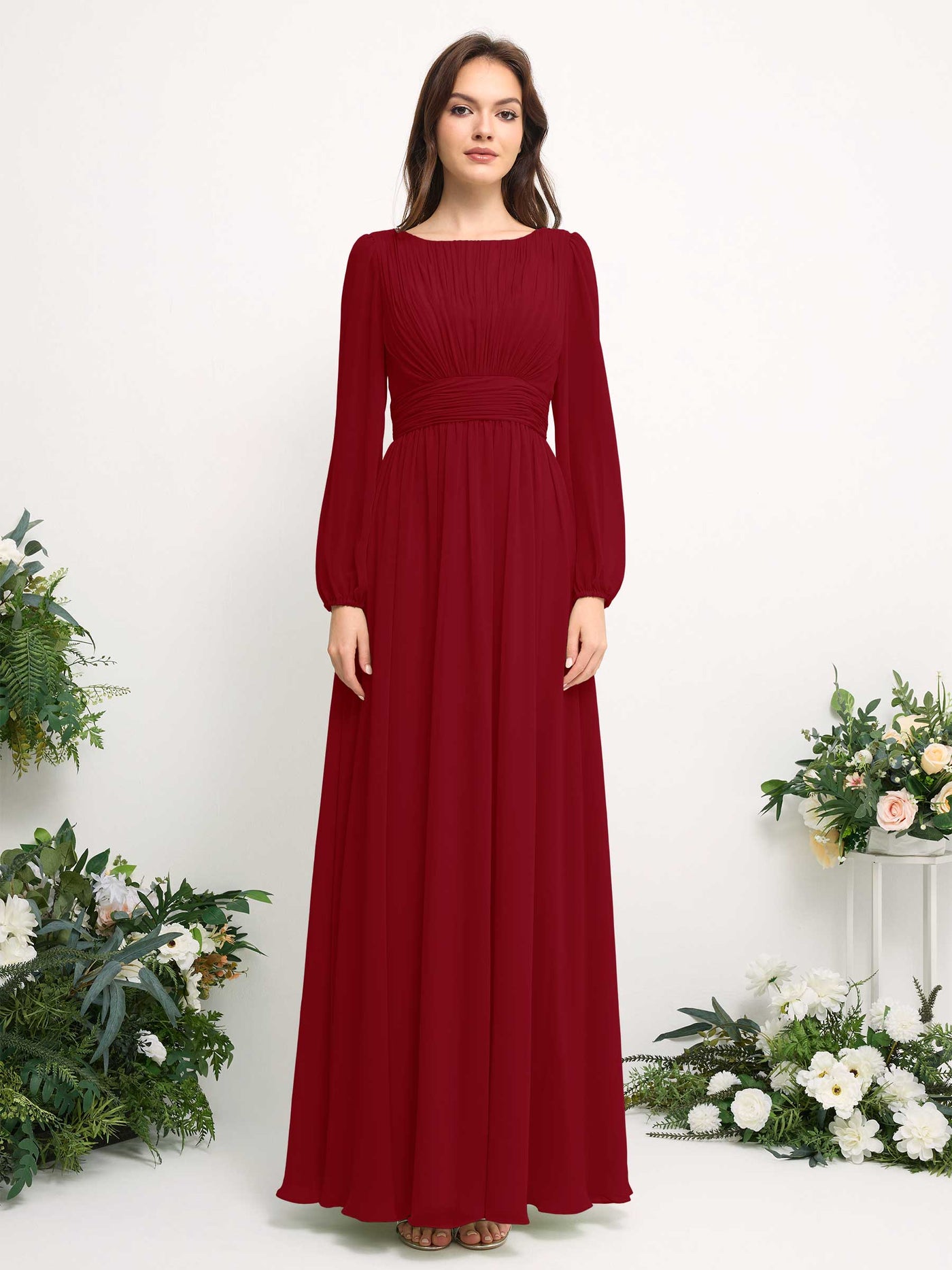 Boat Neck Long Sleeve Chiffon Maxi Dress | Elegant A-Line Bridesmaid & Wedding Guest Dress #color_rust