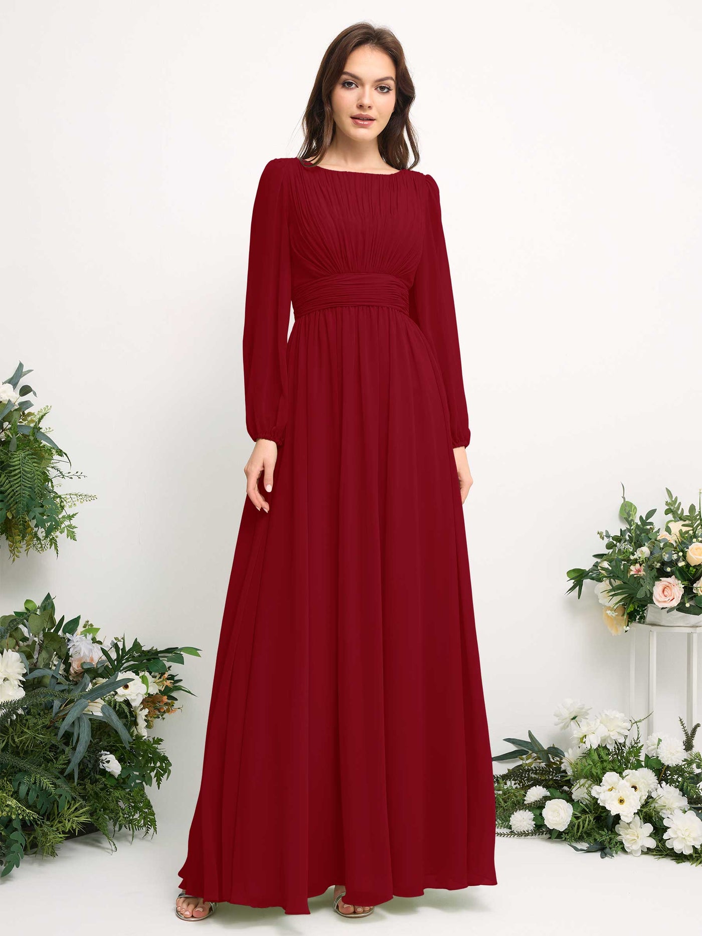 Boat Neck Long Sleeve Chiffon Maxi Dress | Elegant A-Line Bridesmaid & Wedding Guest Dress #color_rust