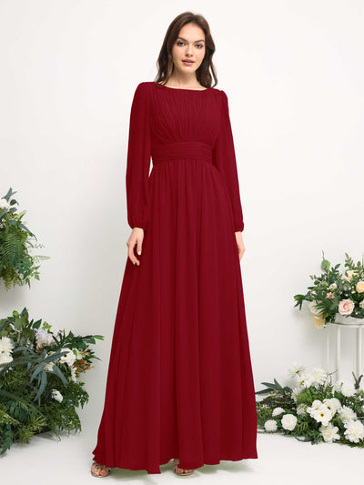 Boat Neck Long Sleeve Chiffon Maxi Dress | Elegant A-Line Bridesmaid & Wedding Guest Dress #color_rust