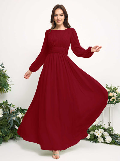 Boat Neck Long Sleeve Chiffon Maxi Dress | Elegant A-Line Bridesmaid & Wedding Guest Dress #color_rust