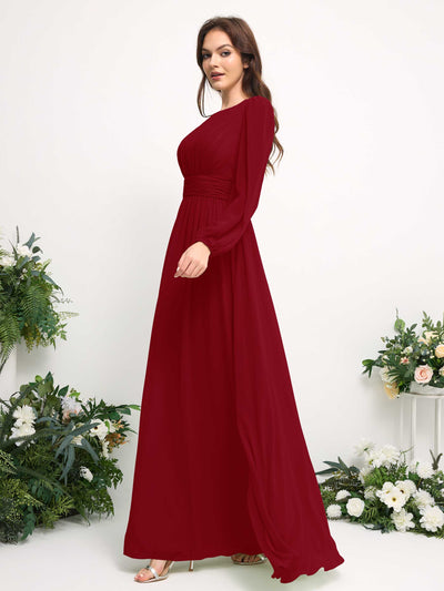 Boat Neck Long Sleeve Chiffon Maxi Dress | Elegant A-Line Bridesmaid & Wedding Guest Dress #color_rust