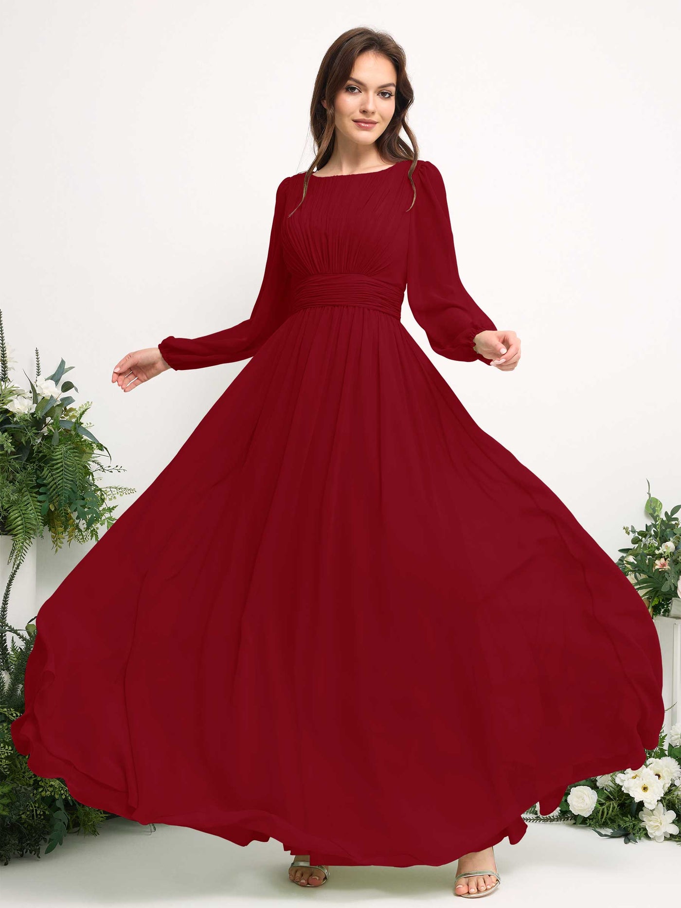Boat Neck Long Sleeve Chiffon Maxi Dress | Elegant A-Line Bridesmaid & Wedding Guest Dress #color_rust