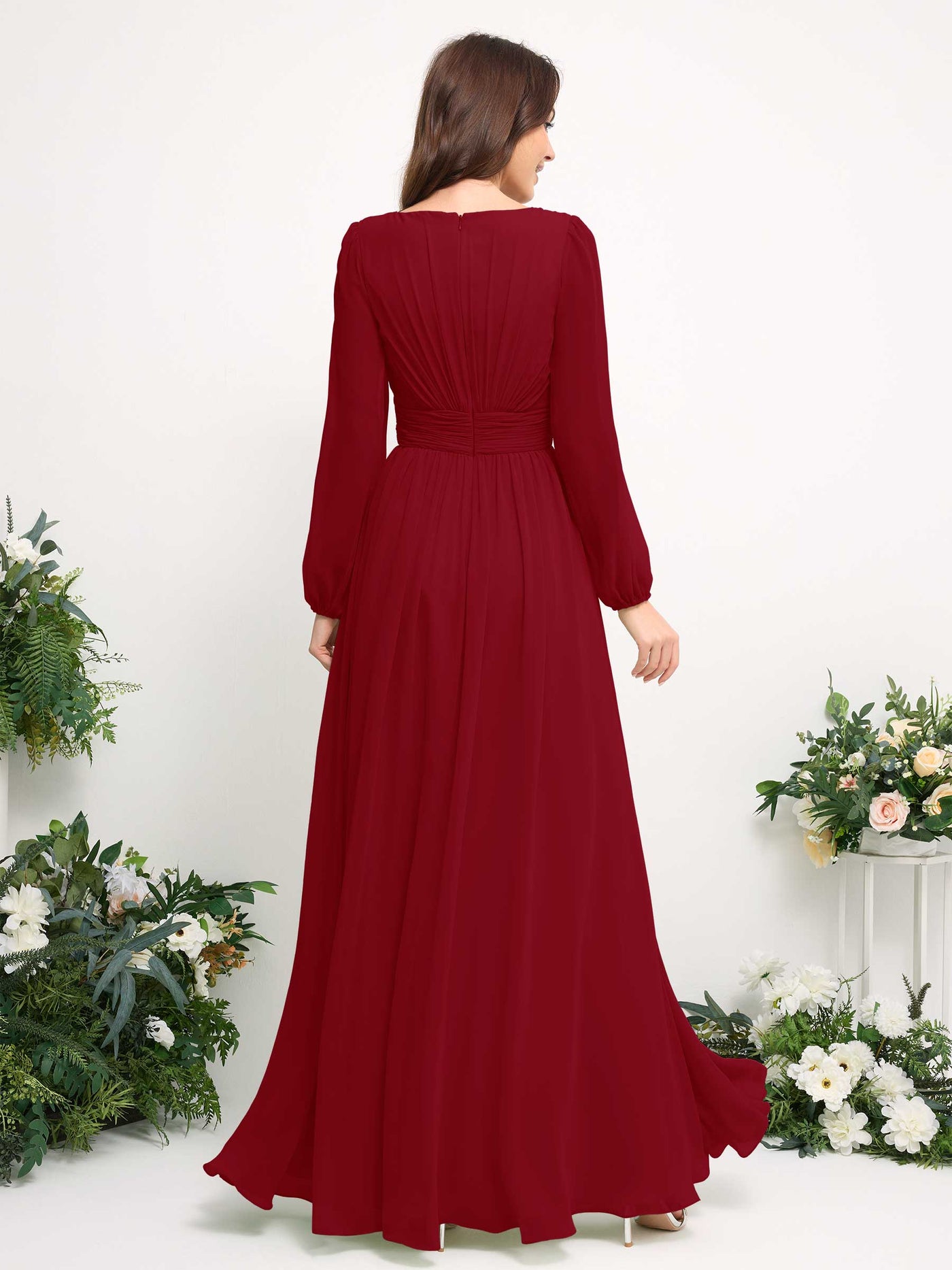 Boat Neck Long Sleeve Chiffon Maxi Dress | Elegant A-Line Bridesmaid & Wedding Guest Dress #color_rust