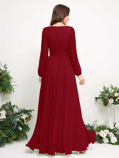 Boat Neck Long Sleeve Chiffon Maxi Dress | Elegant A-Line Bridesmaid & Wedding Guest Dress #color_rust