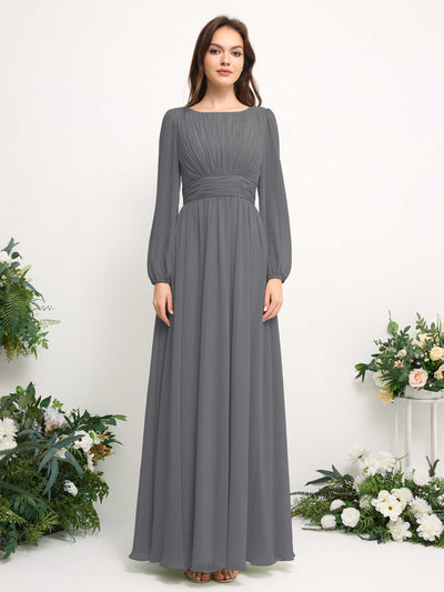 Boat Neck Long Sleeve Chiffon Maxi Dress | Elegant A-Line Bridesmaid & Wedding Guest Dress #color_steel-gray
