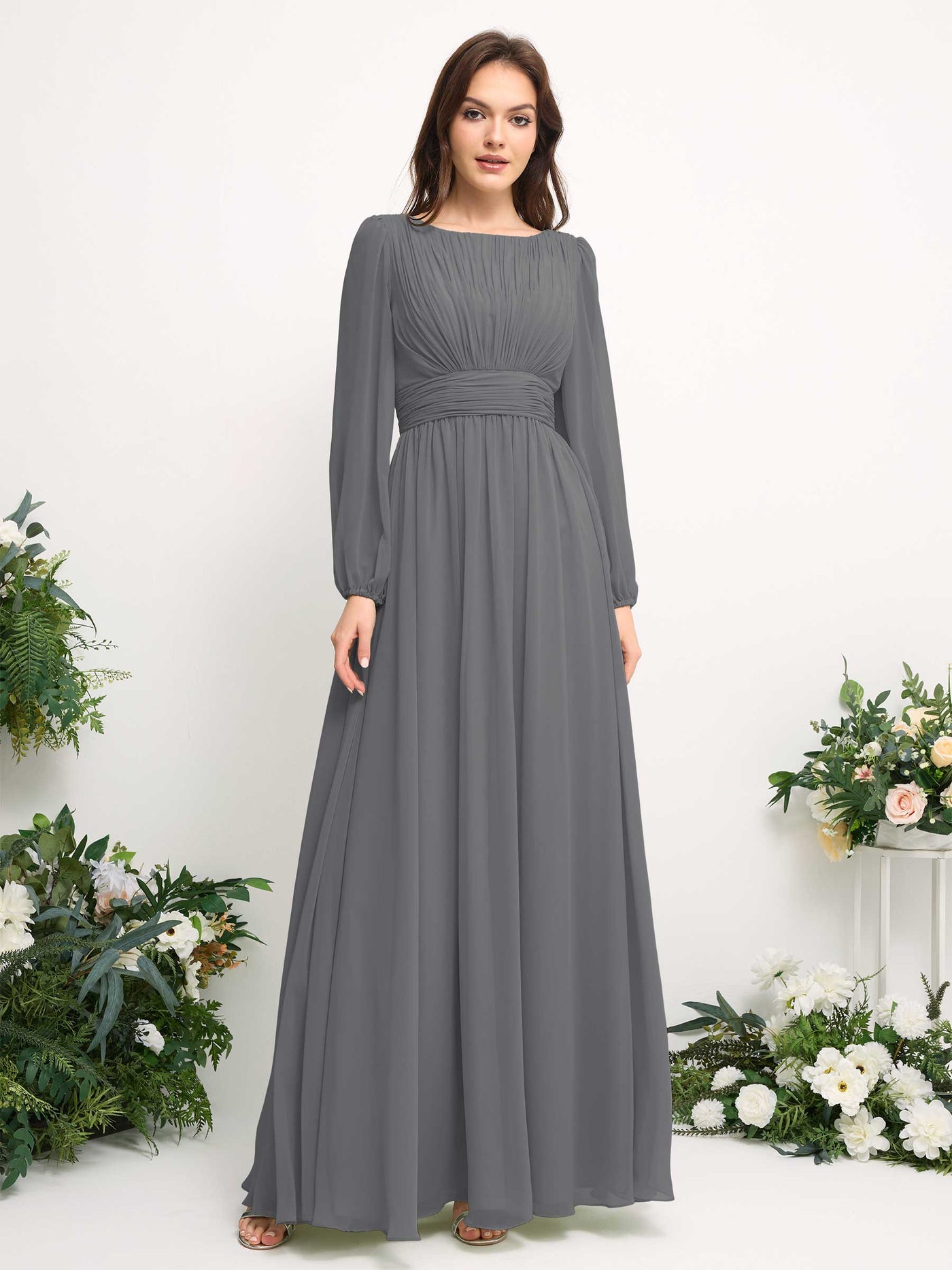 Boat Neck Long Sleeve Chiffon Maxi Dress | Elegant A-Line Bridesmaid & Wedding Guest Dress #color_steel-gray
