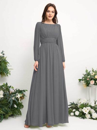 Boat Neck Long Sleeve Chiffon Maxi Dress | Elegant A-Line Bridesmaid & Wedding Guest Dress #color_steel-gray