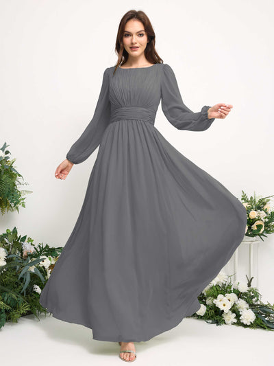 Boat Neck Long Sleeve Chiffon Maxi Dress | Elegant A-Line Bridesmaid & Wedding Guest Dress #color_steel-gray