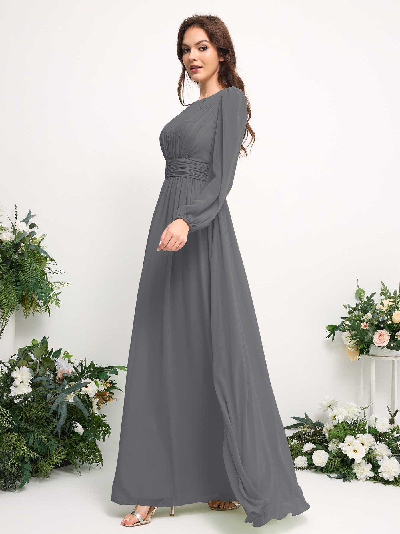 Boat Neck Long Sleeve Chiffon Maxi Dress | Elegant A-Line Bridesmaid & Wedding Guest Dress #color_steel-gray