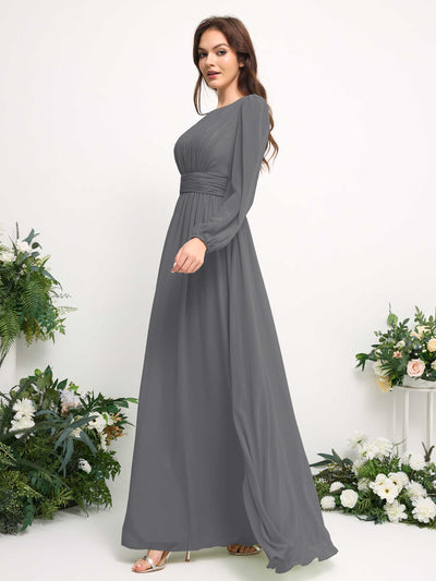 Boat Neck Long Sleeve Chiffon Maxi Dress | Elegant A-Line Bridesmaid & Wedding Guest Dress #color_steel-gray