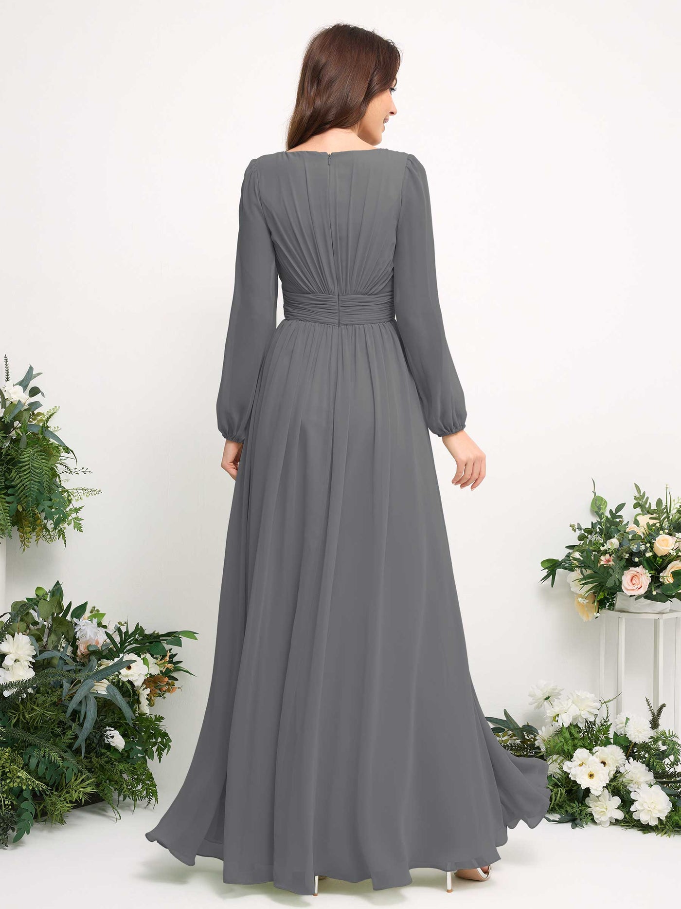 Boat Neck Long Sleeve Chiffon Maxi Dress | Elegant A-Line Bridesmaid & Wedding Guest Dress #color_steel-gray