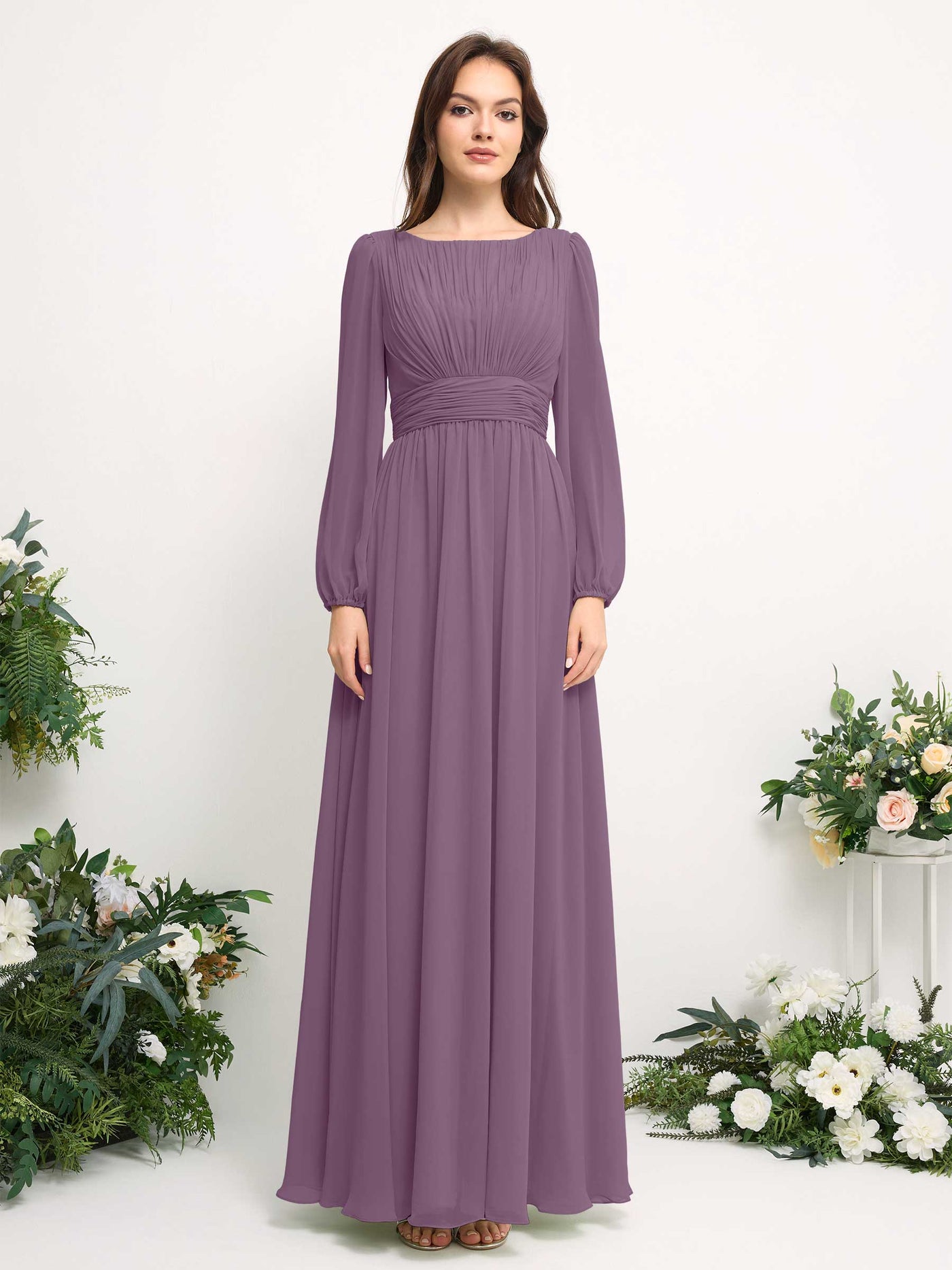 Boat Neck Long Sleeve Chiffon Maxi Dress | Elegant A-Line Bridesmaid & Wedding Guest Dress #color_orchid-mist