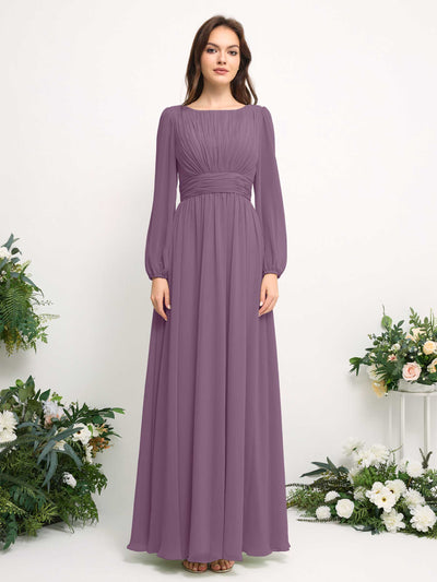 Boat Neck Long Sleeve Chiffon Maxi Dress | Elegant A-Line Bridesmaid & Wedding Guest Dress #color_orchid-mist