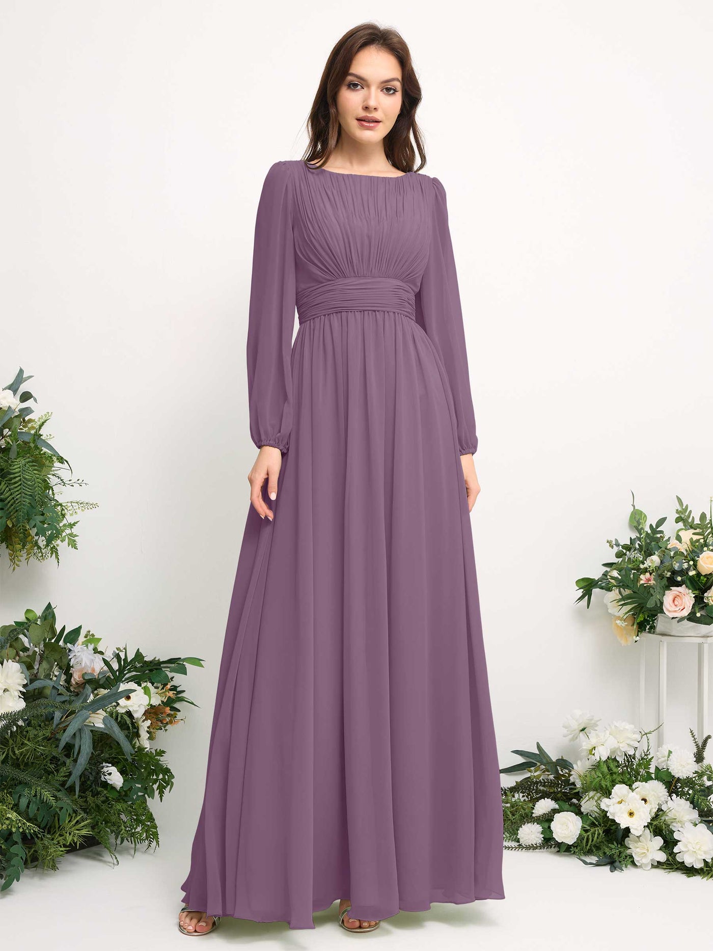 Boat Neck Long Sleeve Chiffon Maxi Dress | Elegant A-Line Bridesmaid & Wedding Guest Dress #color_orchid-mist