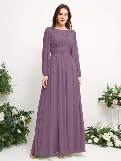 Boat Neck Long Sleeve Chiffon Maxi Dress | Elegant A-Line Bridesmaid & Wedding Guest Dress #color_orchid-mist
